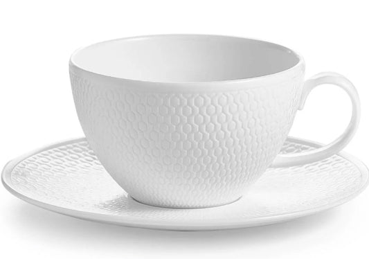 Wedgwood Gio Teacup and Saucer – Fine Bone China White Embossed Modern Tea Set