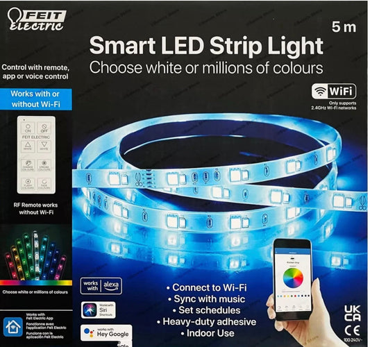 Feit Wireless Smart Colour LED Strip Light 5m – RGB decorative lighting with Wi-Fi, remote control, music sync, and millions of colours.
