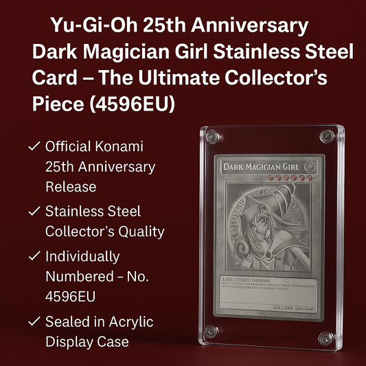 Promotional image of the Yu-Gi-Oh! 25th Anniversary Dark Magician Girl Stainless Steel Card (No. 4596EU), sealed in an acrylic display case with product features listed on a red background.
