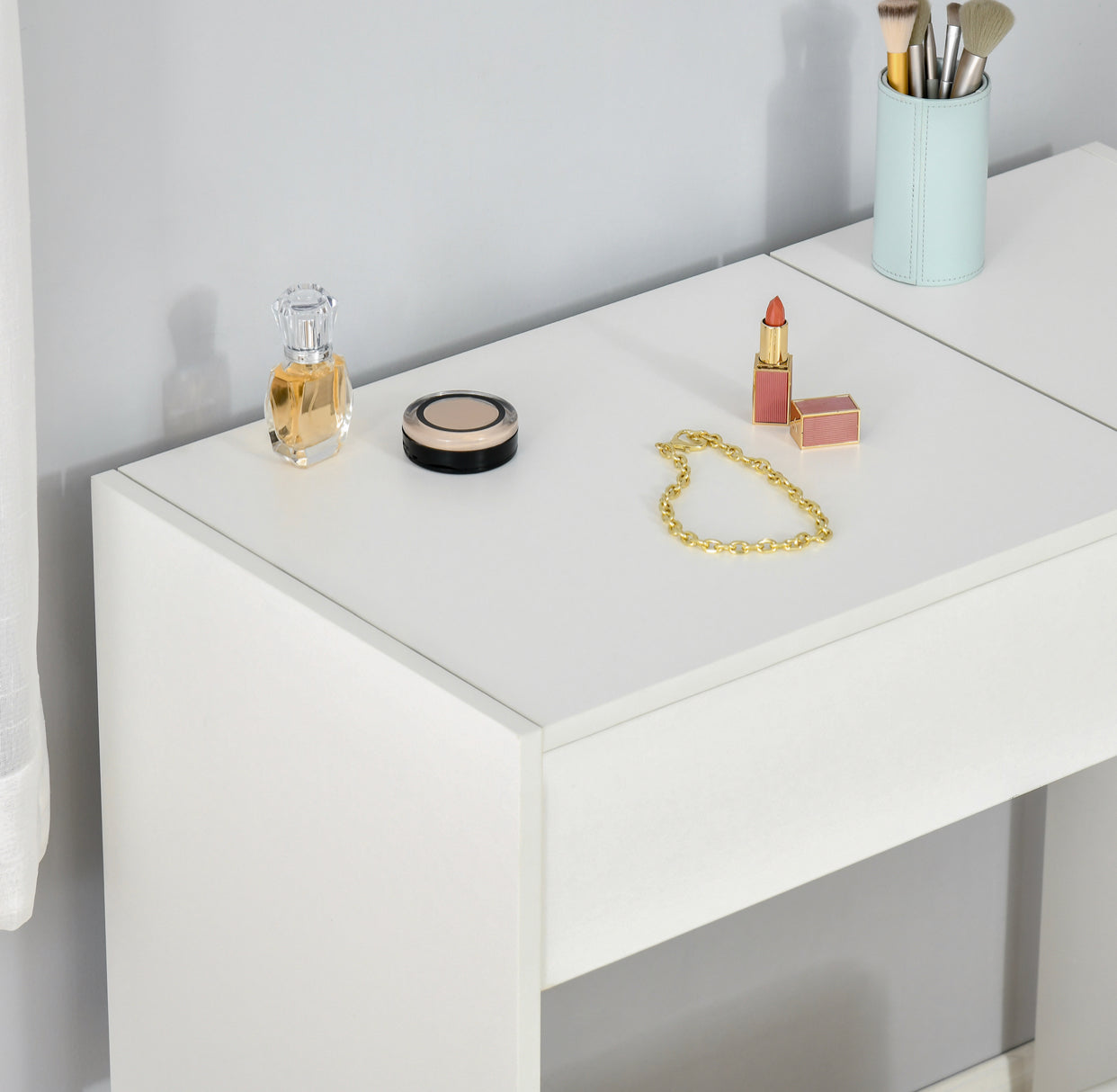Modern White Vanity Table with Flip-Up Mirror & Stool – Makeup Desk with Drawer