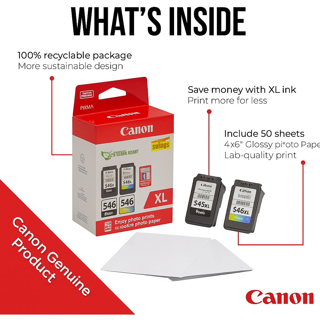 Canon PG-545XL & CL-546XL High Yield Ink Cartridge Value Pack + 50 Sheets Glossy Photo Paper