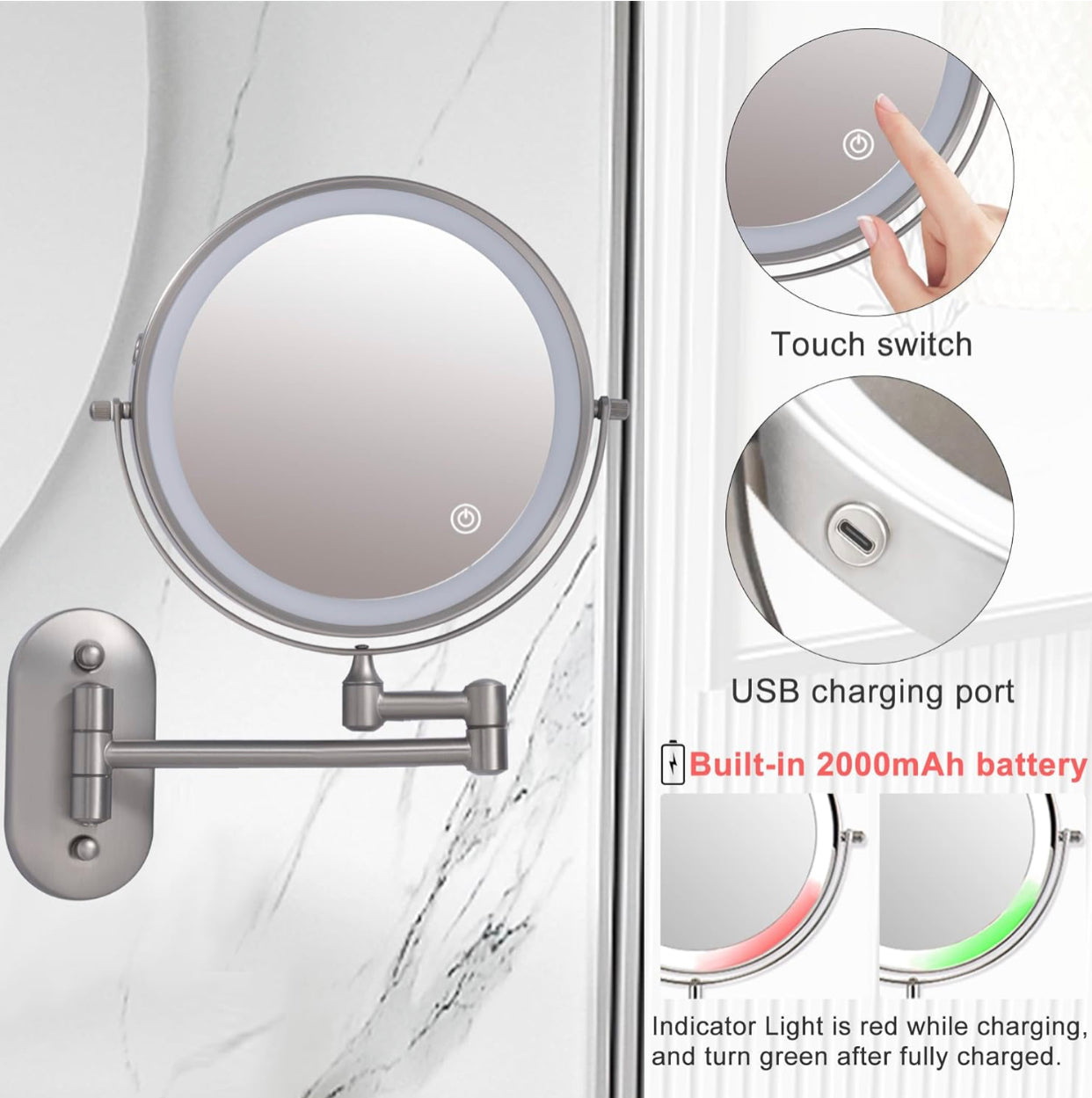 TUSHENGTU 8" Wall Mounted Makeup Vanity Mirror with Lights | 10X Magnifying Bathroom Shaving Mirror, Rechargeable LED, Nickel Finish