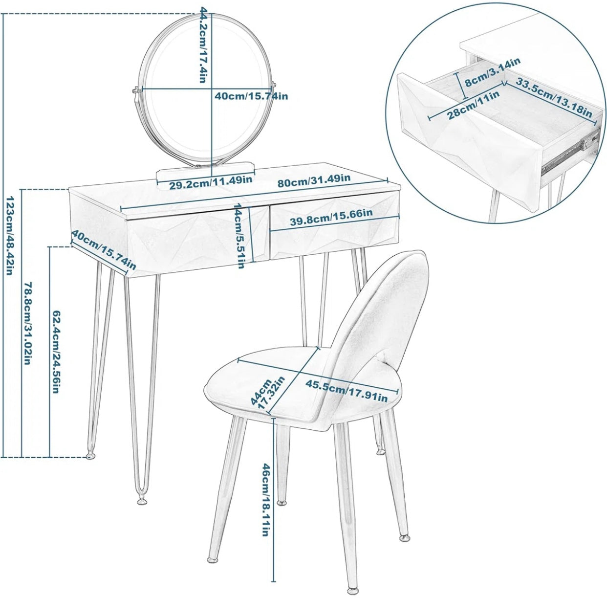 Appingedam Dressing Table with LED Mirror & Stool – Fairmont Park