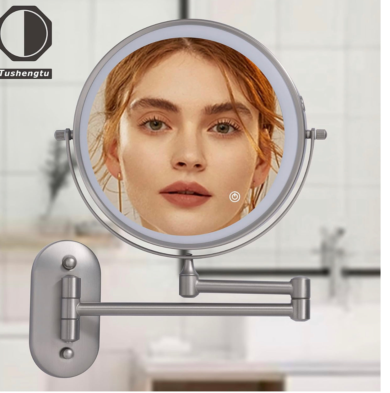 TUSHENGTU 8" Wall Mounted Makeup Vanity Mirror with Lights | 10X Magnifying Bathroom Shaving Mirror, Rechargeable LED, Nickel Finish