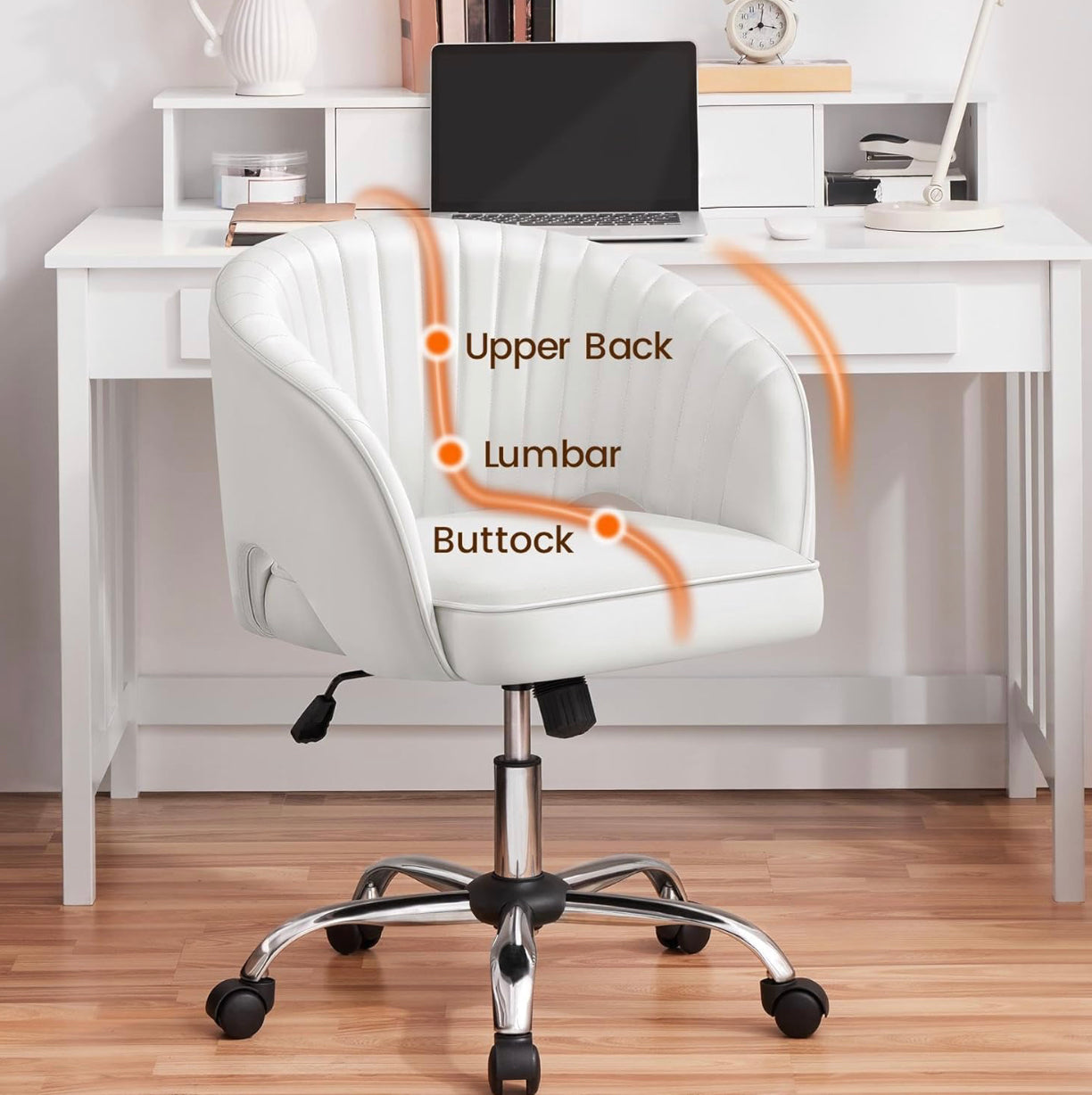 Yaheetech Faux Leather Office Chair – Adjustable Swivel Vanity Chair with Tufted Barrel Back | White Accent Armchair for Home Office & Makeup Desk