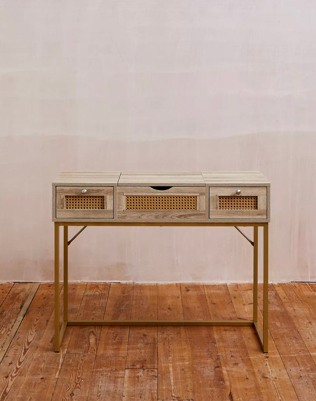 Lily Rattan Dressing Table – Boho Wooden Vanity Desk with Mirror & Storage Drawers – Cheapest Price in UK