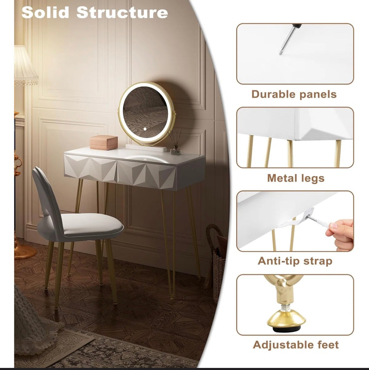Appingedam Dressing Table with LED Mirror & Stool – Fairmont Park