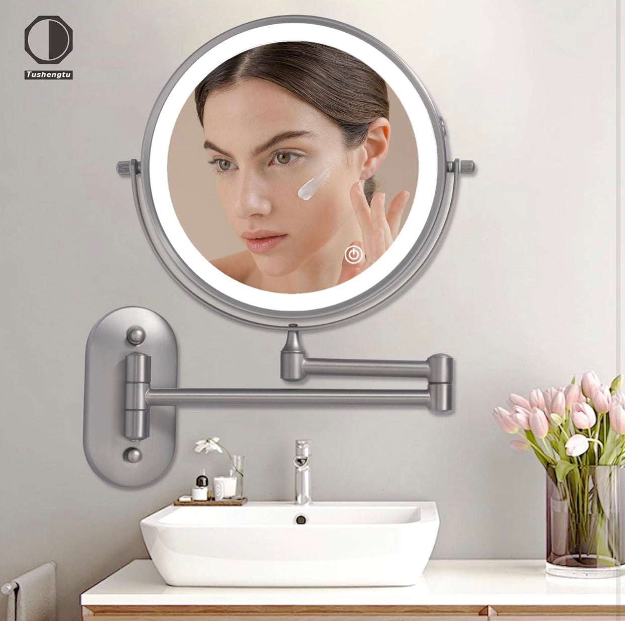 TUSHENGTU 8" Wall Mounted Makeup Vanity Mirror with Lights | 10X Magnifying Bathroom Shaving Mirror, Rechargeable LED, Nickel Finish