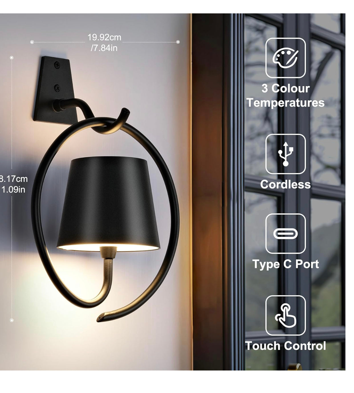 Faithorse Battery Operated Wall Lights β Rechargeable, Dimmable, 3 Color Temperatures, IP54 Waterproof Wall Sconce (Black)