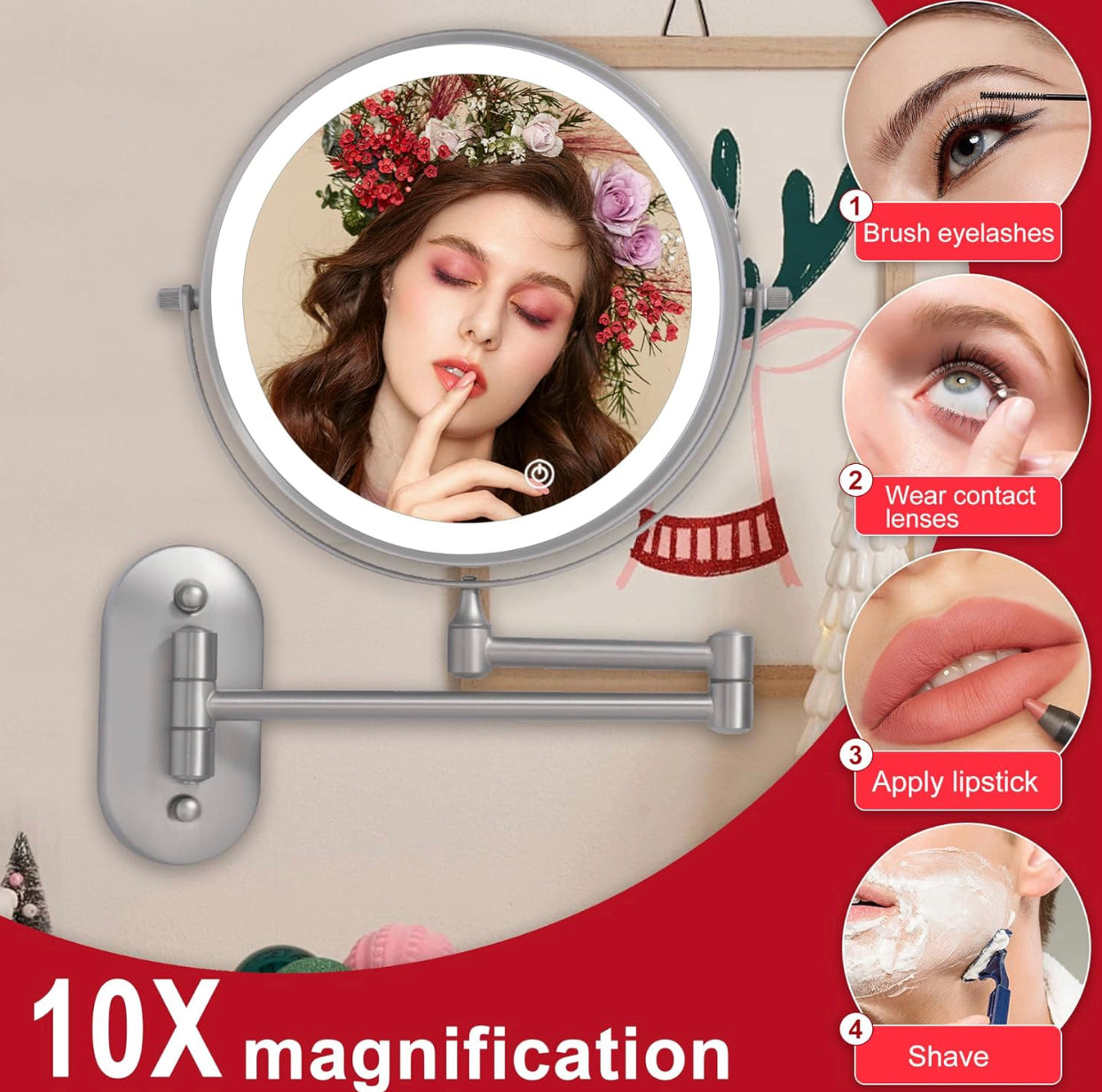 TUSHENGTU 8" Wall Mounted Makeup Vanity Mirror with Lights | 10X Magnifying Bathroom Shaving Mirror, Rechargeable LED, Nickel Finish