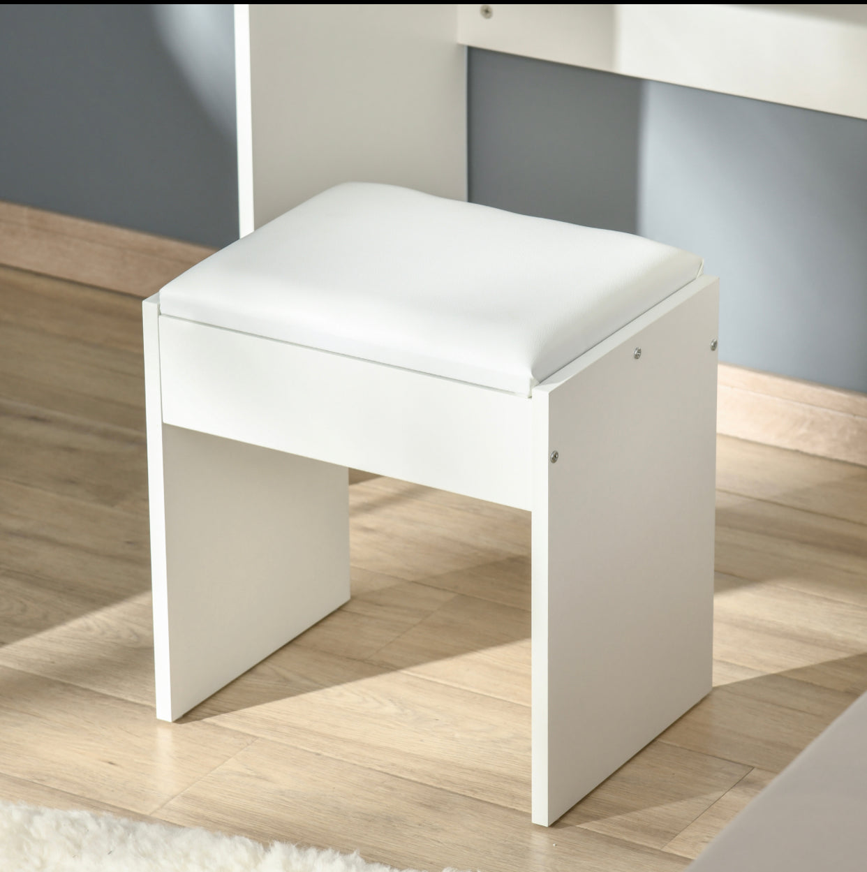 Modern White Vanity Table with Flip-Up Mirror & Stool – Makeup Desk with Drawer