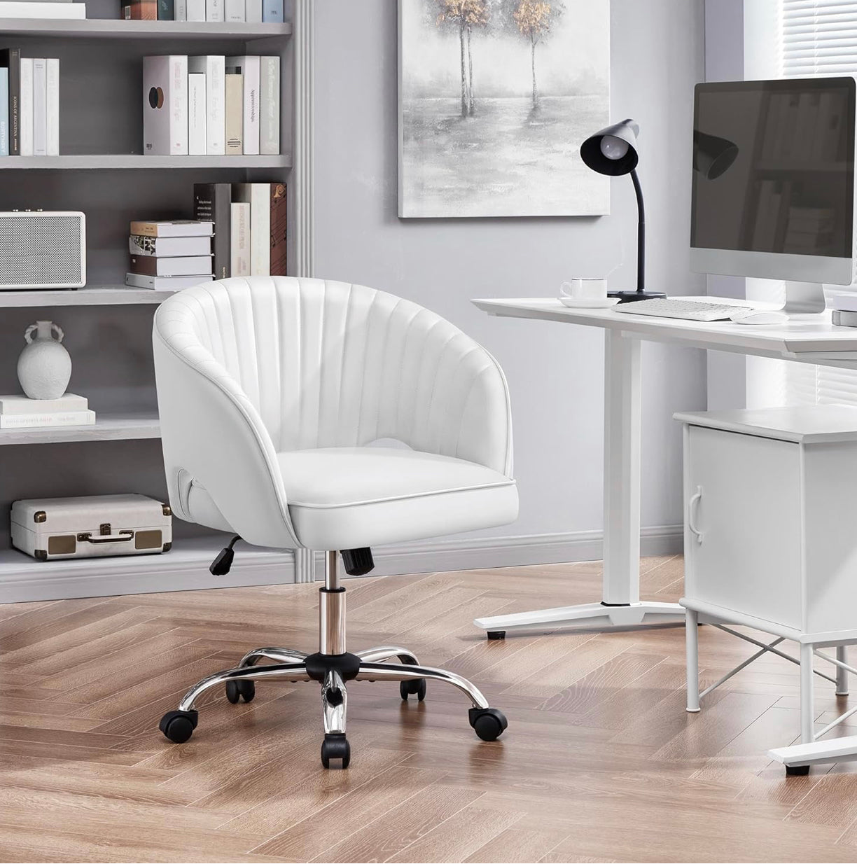 Yaheetech Faux Leather Office Chair – Adjustable Swivel Vanity Chair with Tufted Barrel Back | White Accent Armchair for Home Office & Makeup Desk