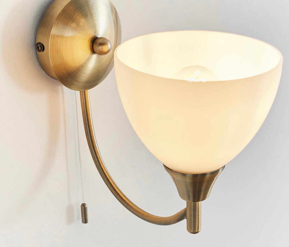 Endon Alton Wall Light – Antique Brass & Opal Glass Shade | Pull Cord Switch | Modern Classic Lighting