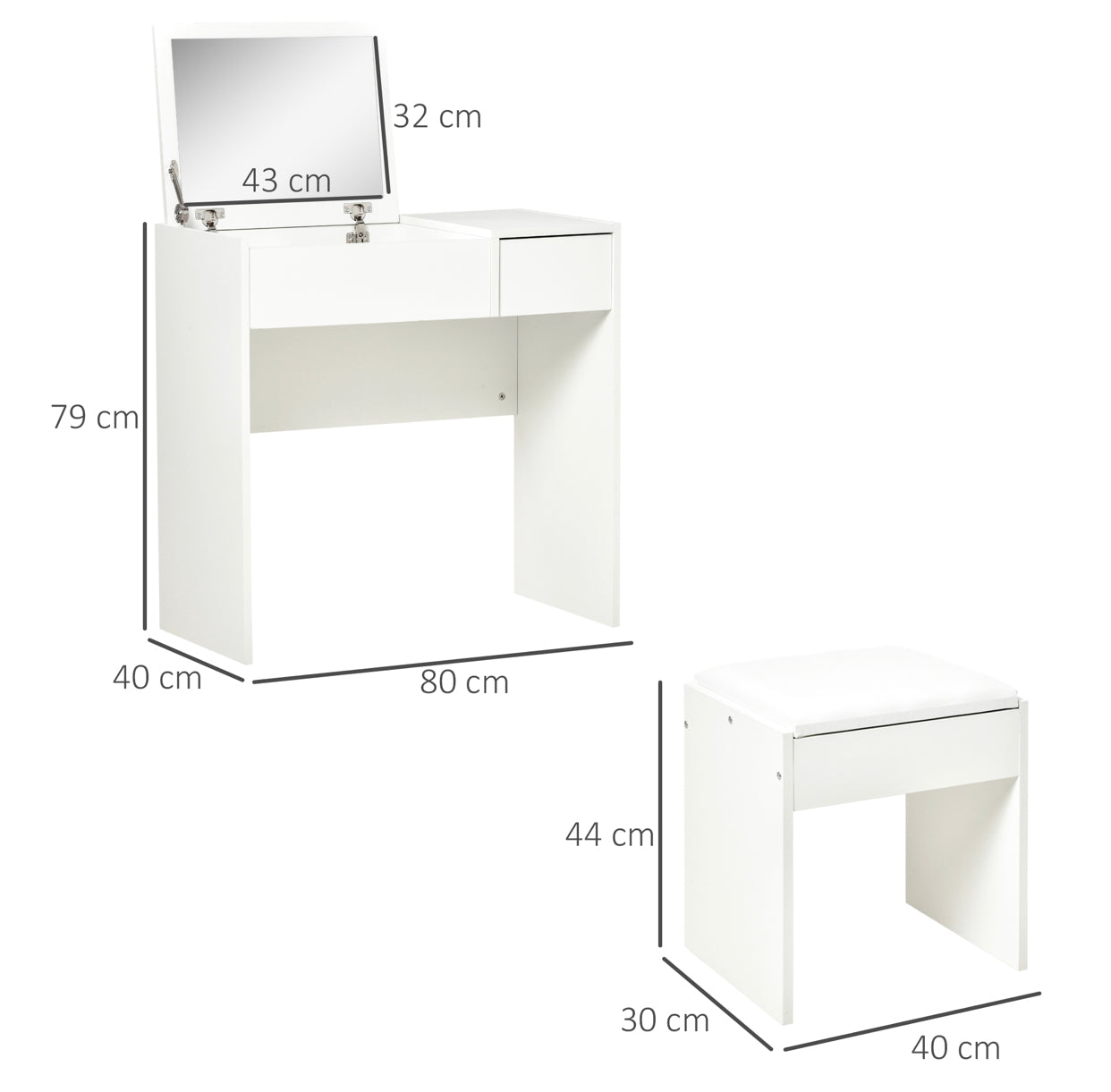 Modern White Vanity Table with Flip-Up Mirror & Stool – Makeup Desk with Drawer