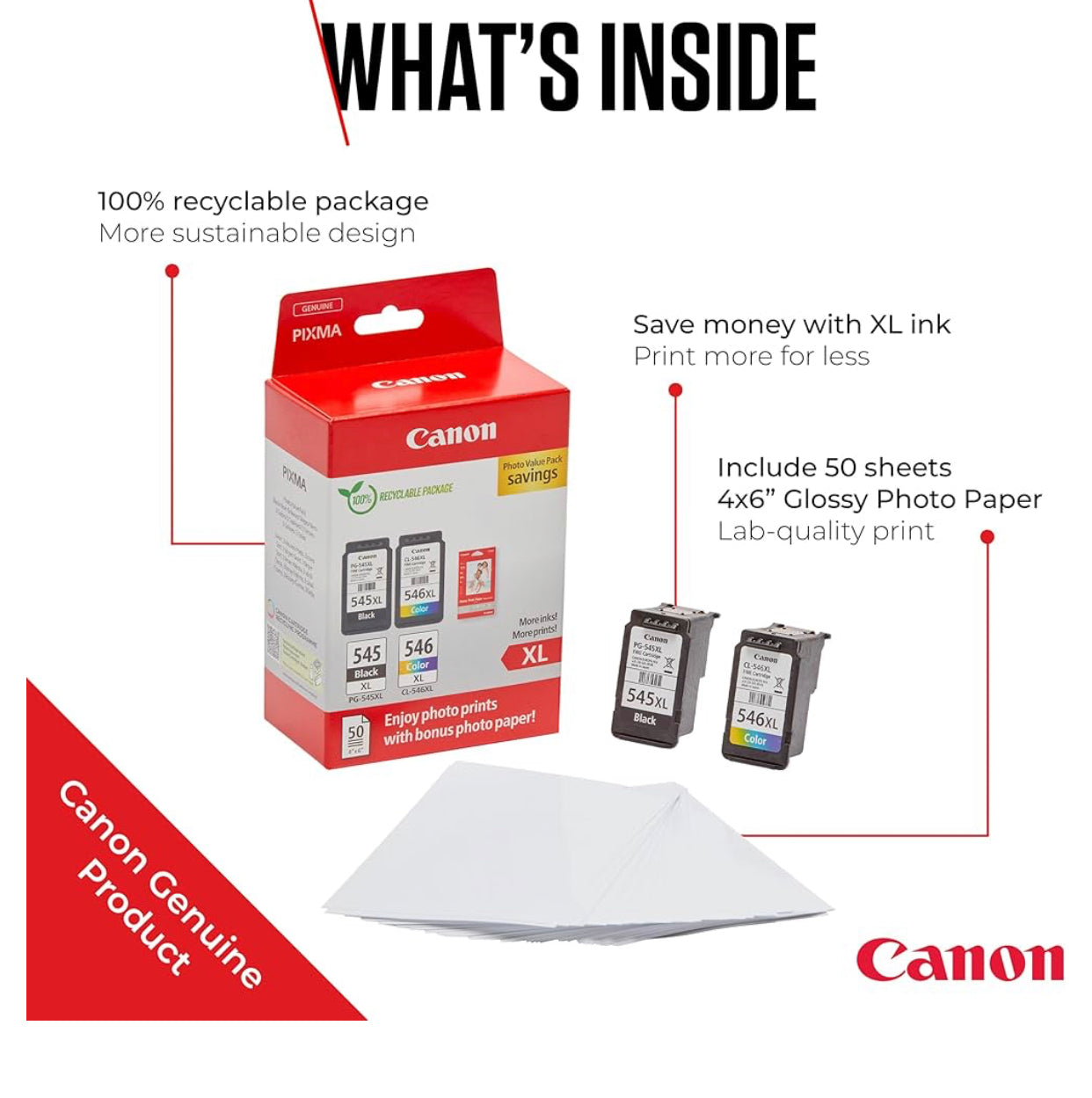 Canon PG-545XL & CL-546XL High Yield Ink Cartridge Value Pack + 50 Sheets Glossy Photo Paper
