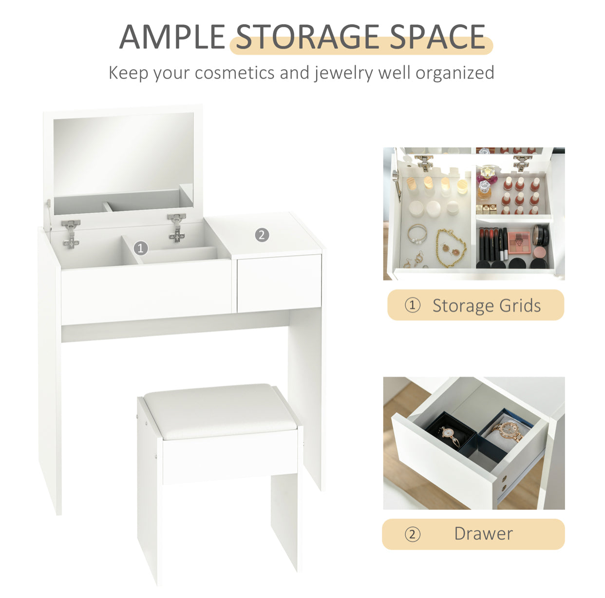 Modern White Vanity Table with Flip-Up Mirror & Stool – Makeup Desk with Drawer