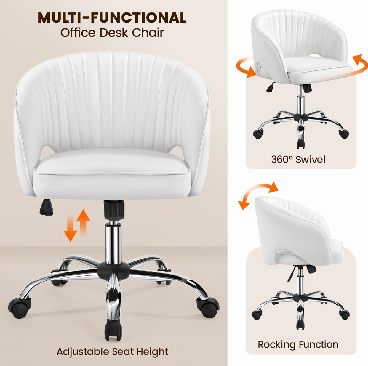 Yaheetech Faux Leather Office Chair – Adjustable Swivel Vanity Chair with Tufted Barrel Back | White Accent Armchair for Home Office & Makeup Desk