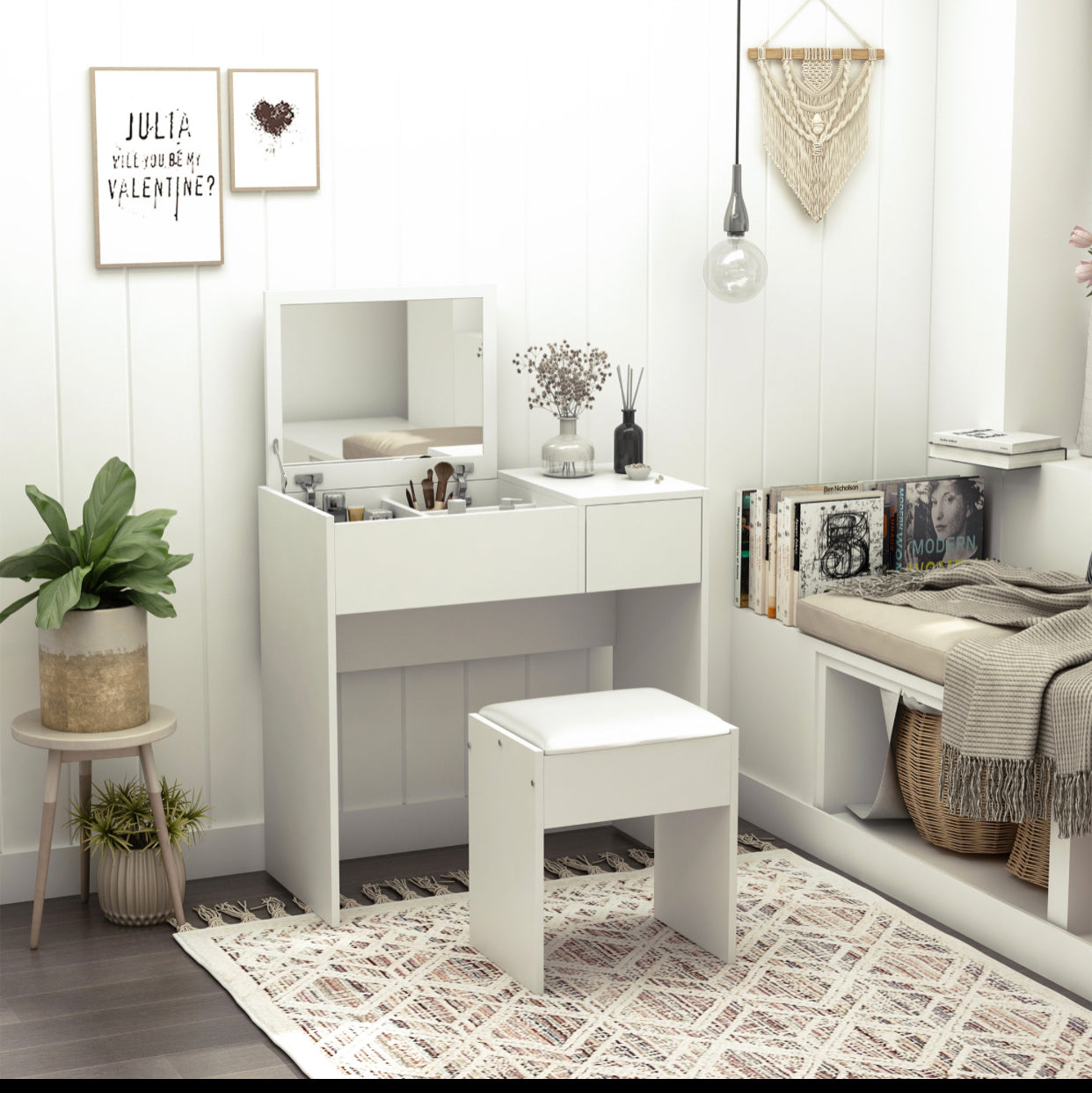 Modern White Vanity Table with Flip-Up Mirror & Stool – Makeup Desk with Drawer