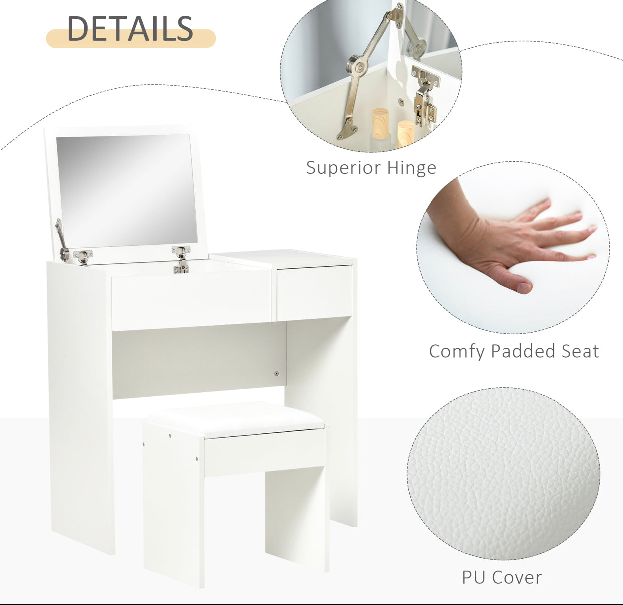 Modern White Vanity Table with Flip-Up Mirror & Stool – Makeup Desk with Drawer