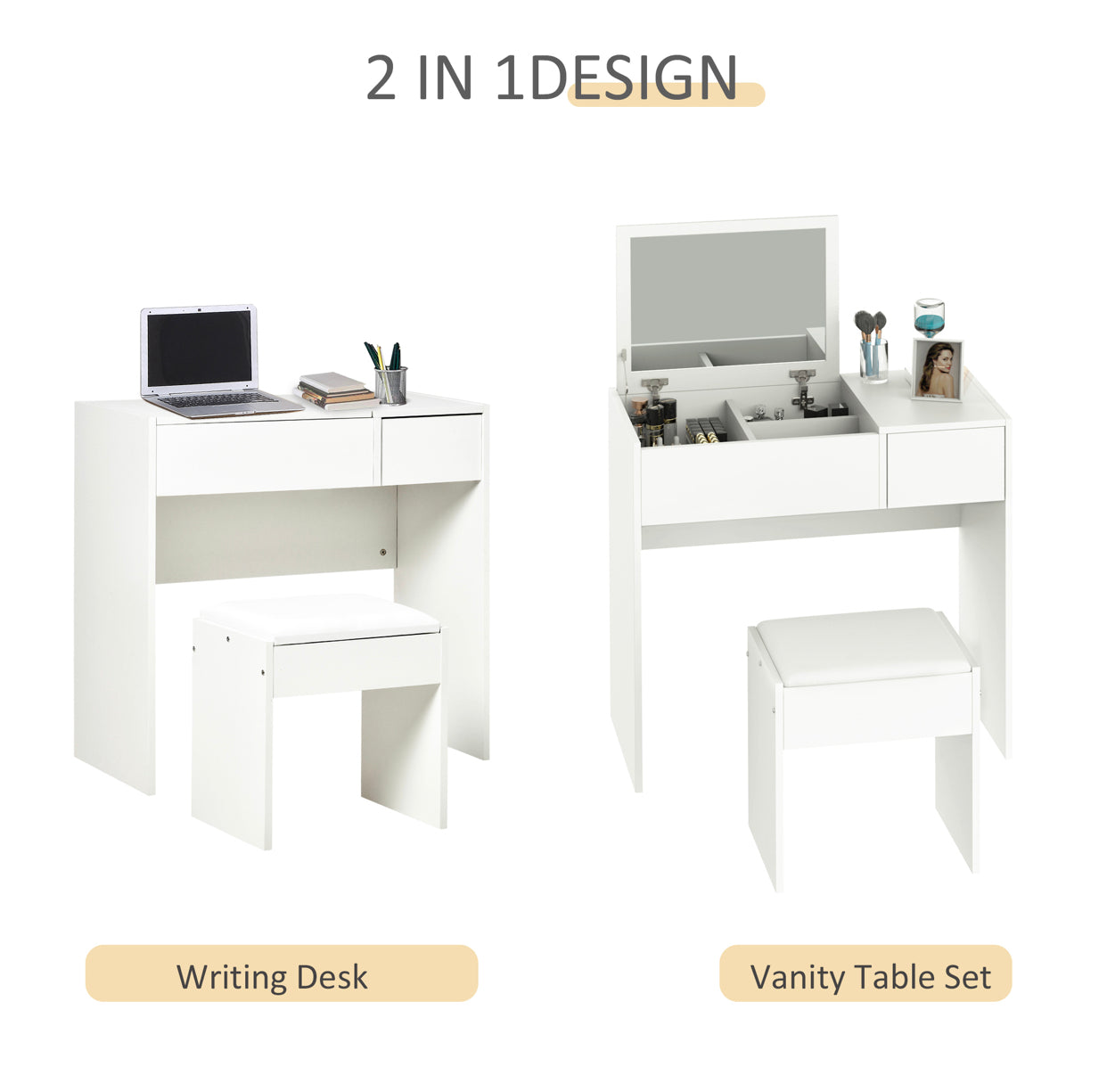 Modern White Vanity Table with Flip-Up Mirror & Stool – Makeup Desk with Drawer