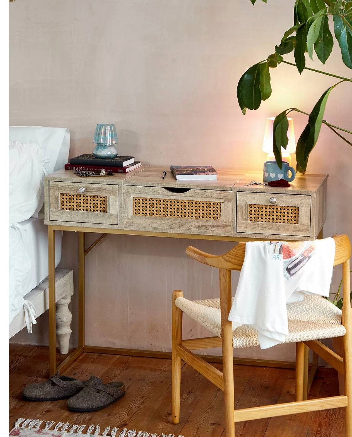Lily Rattan Dressing Table – Boho Wooden Vanity Desk with Mirror & Storage Drawers – Cheapest Price in UK