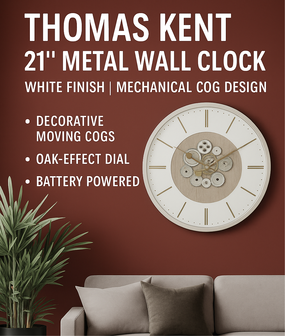 THOMAS KENT 21" (53cm) Metal Wall Clock | White Finish | Mechanical Cog Design
Market Price: £219.99 | Our Price: £119.99