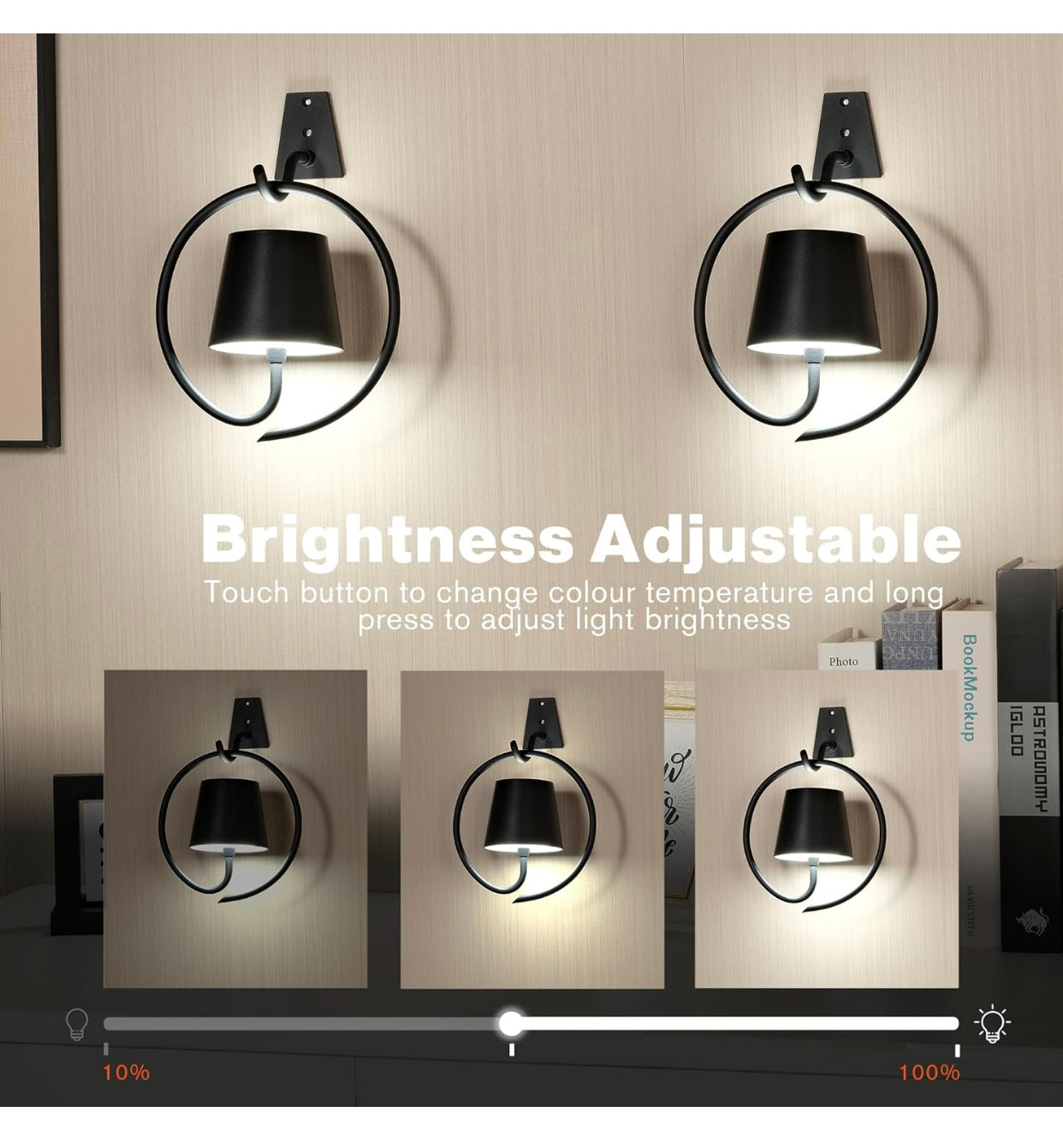 Faithorse Battery Operated Wall Lights β Rechargeable, Dimmable, 3 Color Temperatures, IP54 Waterproof Wall Sconce (Black)