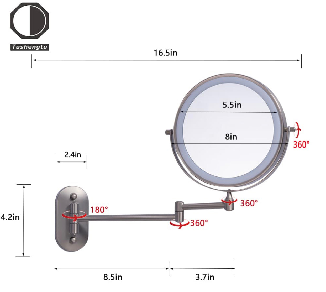 TUSHENGTU 8" Wall Mounted Makeup Vanity Mirror with Lights | 10X Magnifying Bathroom Shaving Mirror, Rechargeable LED, Nickel Finish