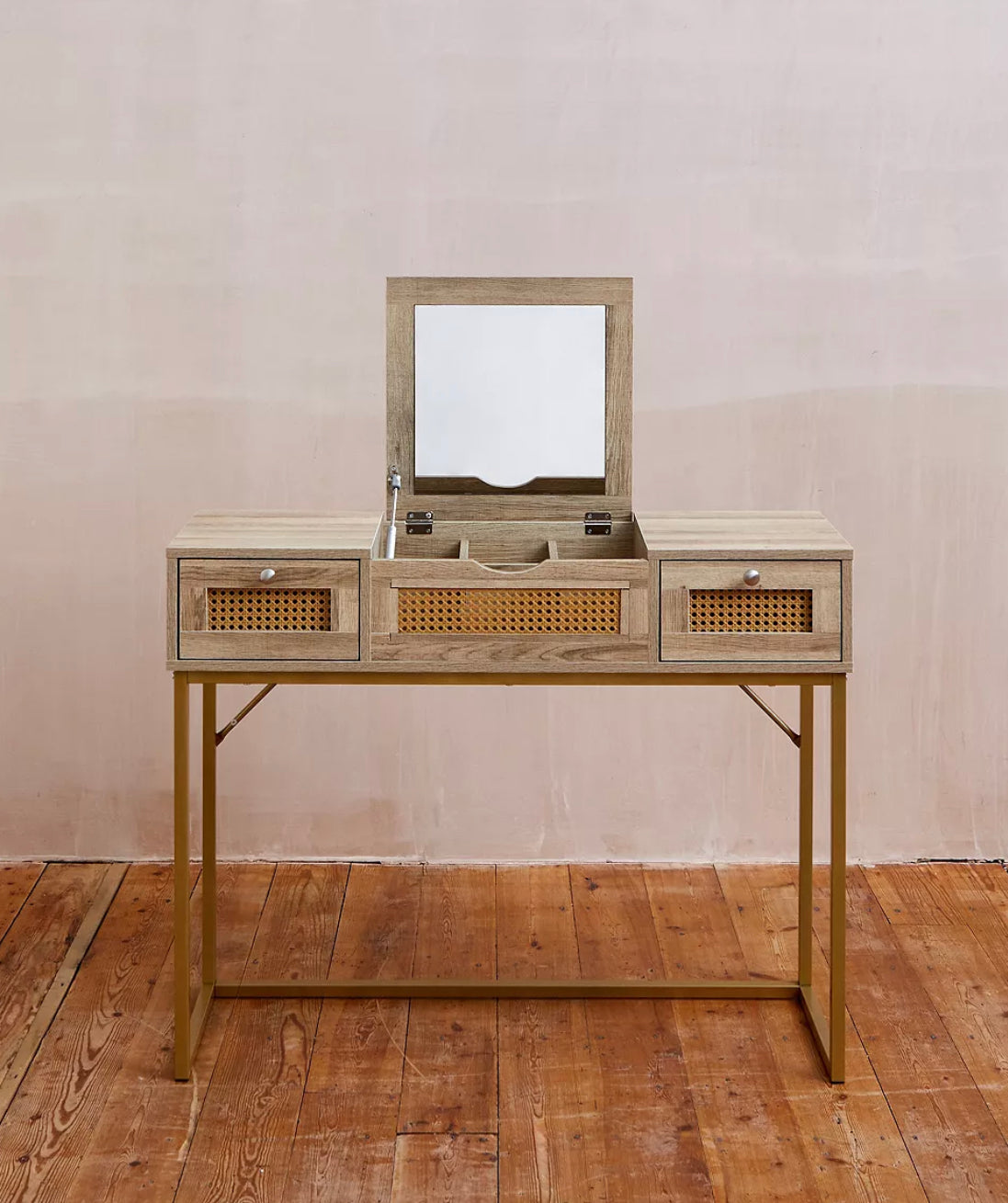 Lily Rattan Dressing Table – Boho Wooden Vanity Desk with Mirror & Storage Drawers – Cheapest Price in UK