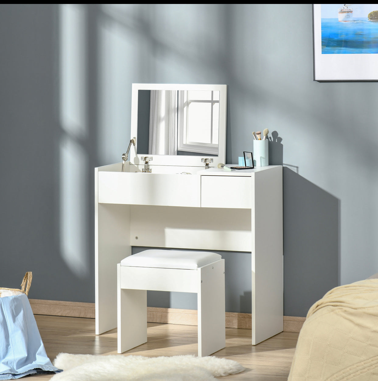 Modern White Vanity Table with Flip-Up Mirror & Stool – Makeup Desk with Drawer
