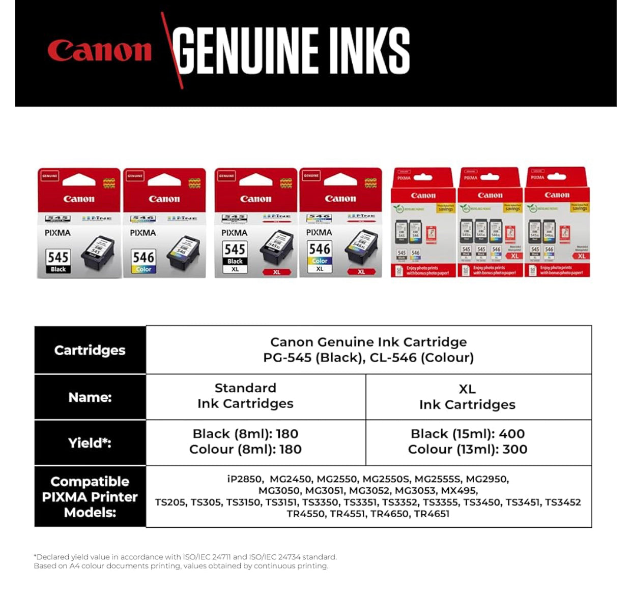 Canon PG-545XL & CL-546XL High Yield Ink Cartridge Value Pack + 50 Sheets Glossy Photo Paper