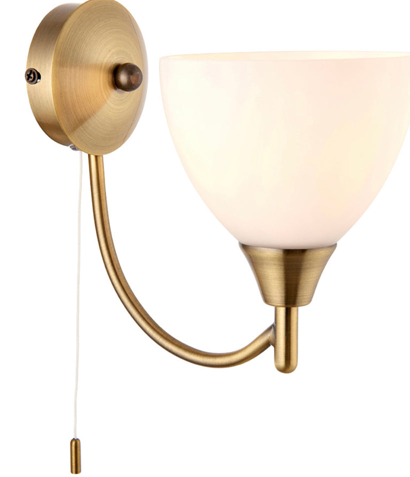Endon Alton Wall Light – Antique Brass & Opal Glass Shade | Pull Cord Switch | Modern Classic Lighting