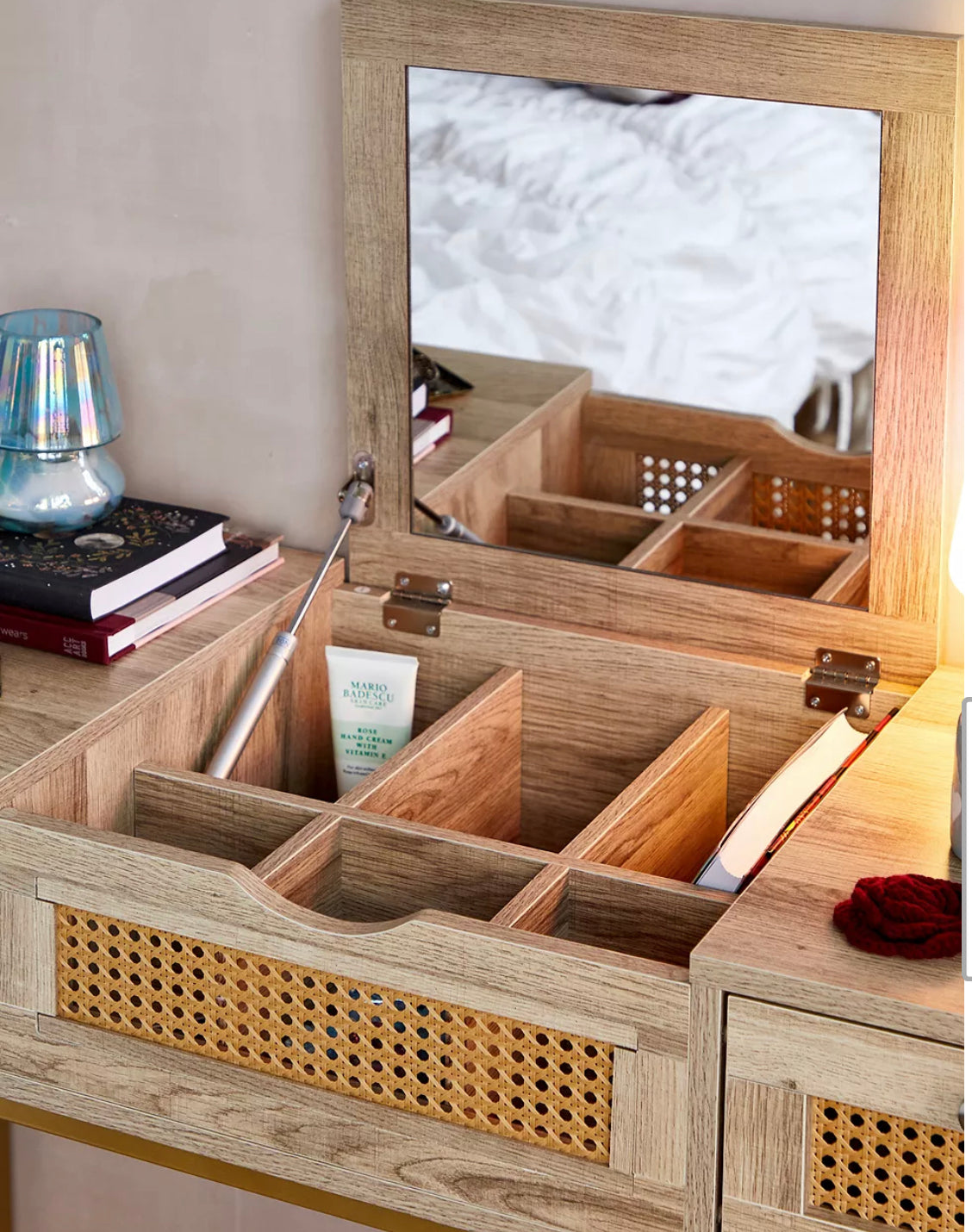 Lily Rattan Dressing Table – Boho Wooden Vanity Desk with Mirror & Storage Drawers – Cheapest Price in UK