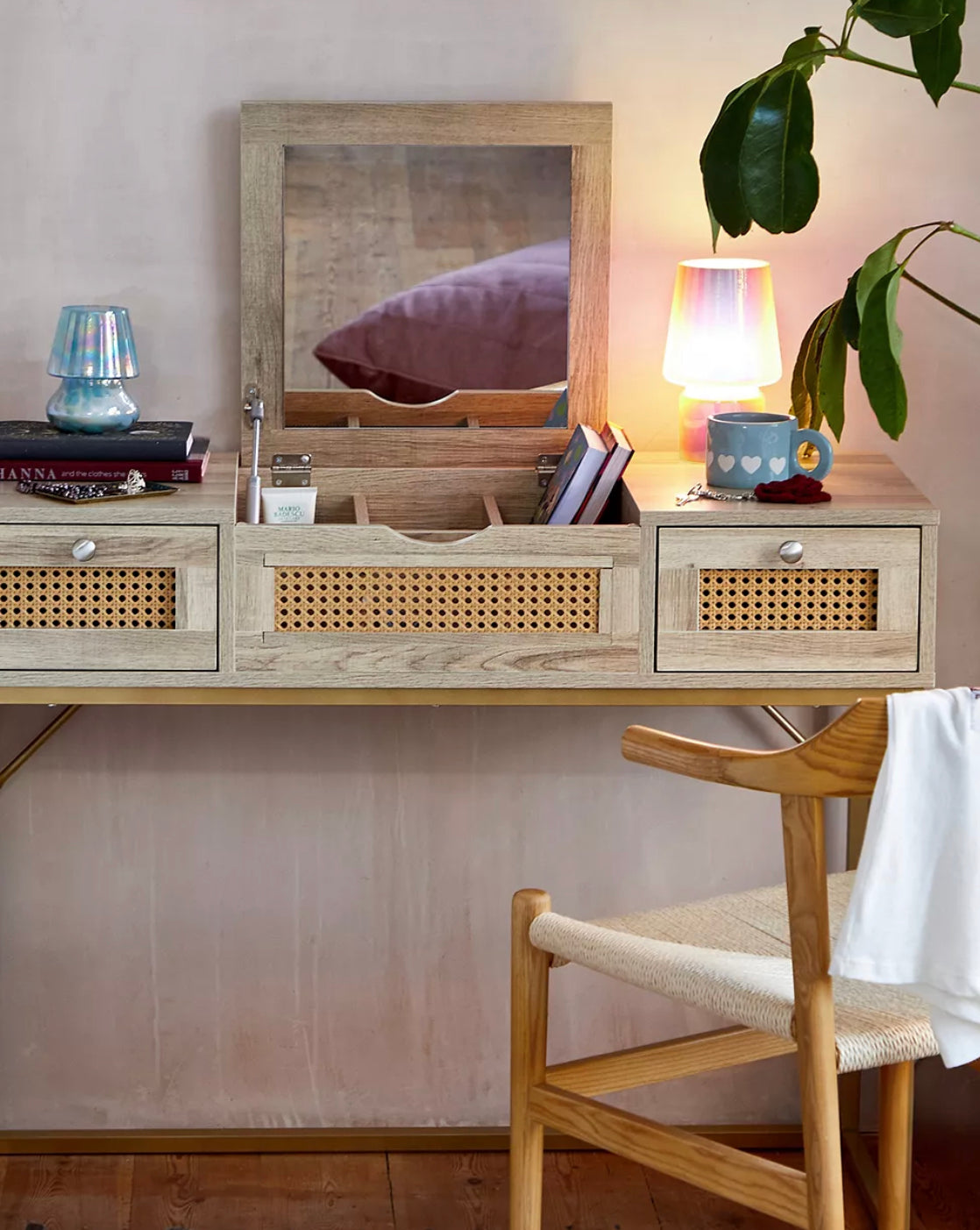 Lily Rattan Dressing Table – Boho Wooden Vanity Desk with Mirror & Storage Drawers – Cheapest Price in UK