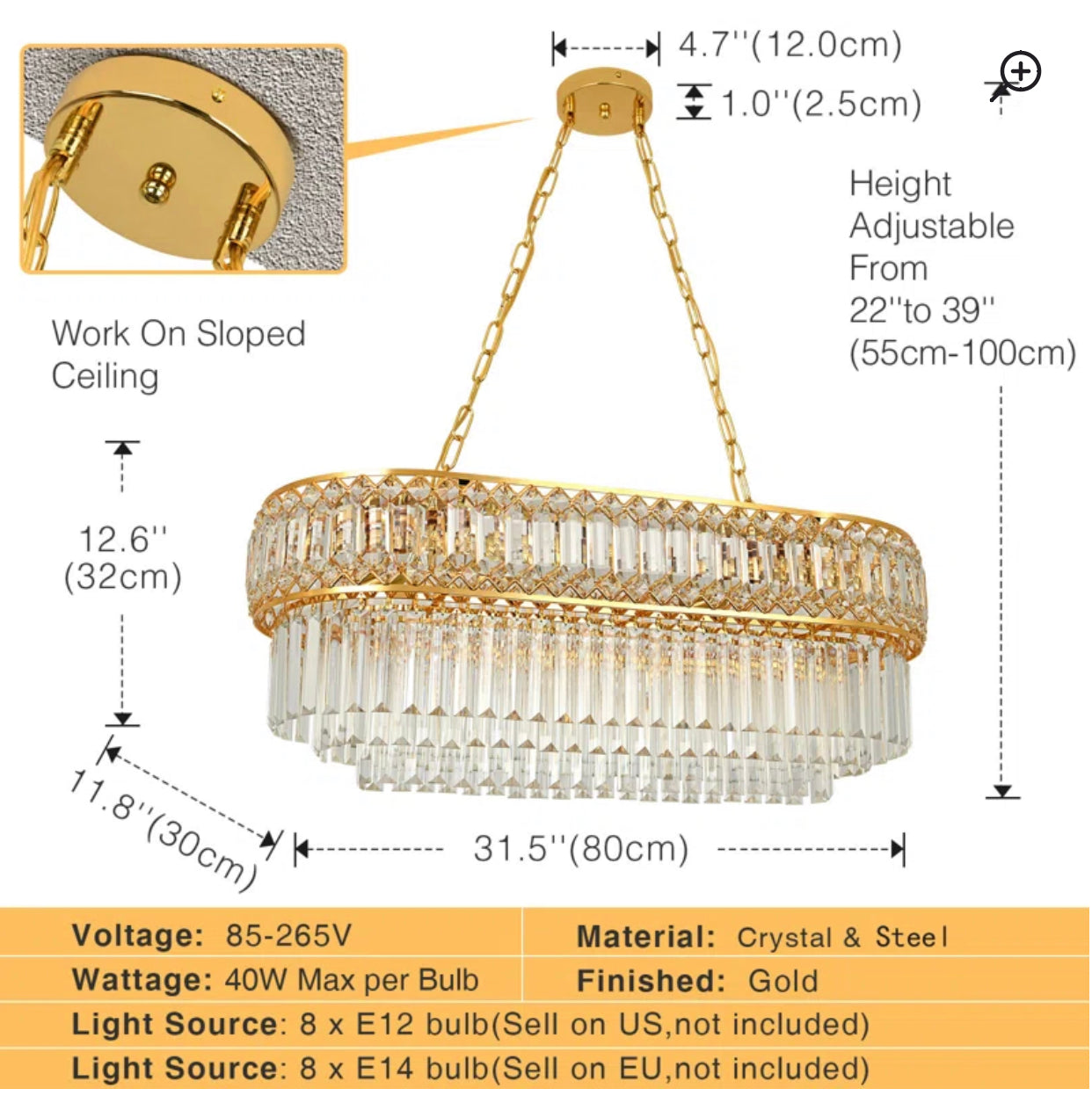 JASYA 8-Light Real Crystal Chandelier | Gold Tiered Ceiling Fixture
