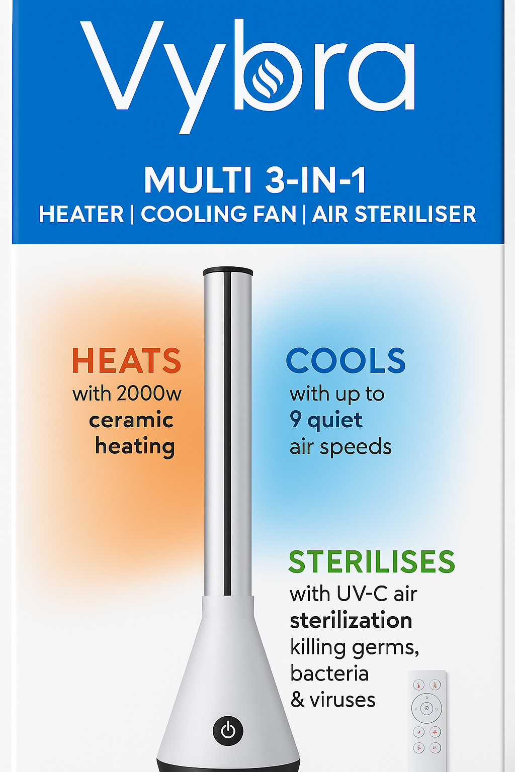 Vybra 3-in-1 Smart Tower Fan, Heater & Air Purifier – White (VS001W)