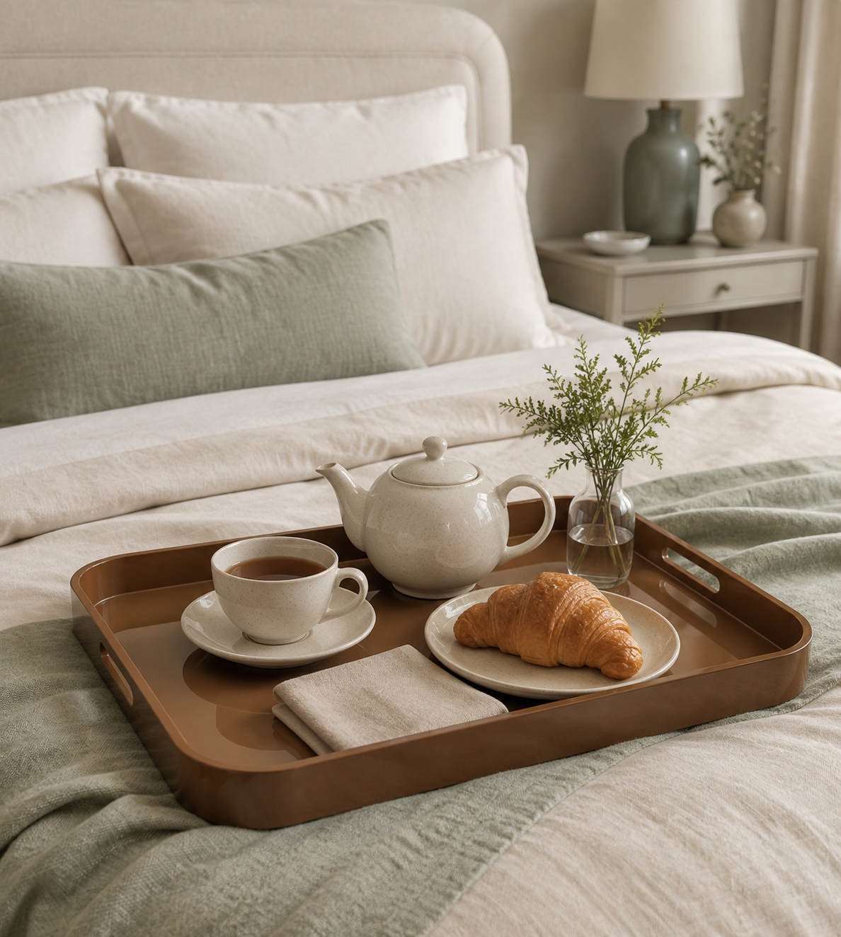 AM.PM Barniz large khaki lacquered serving tray used for breakfast in bed with tea, a croissant, napkin and flowers.