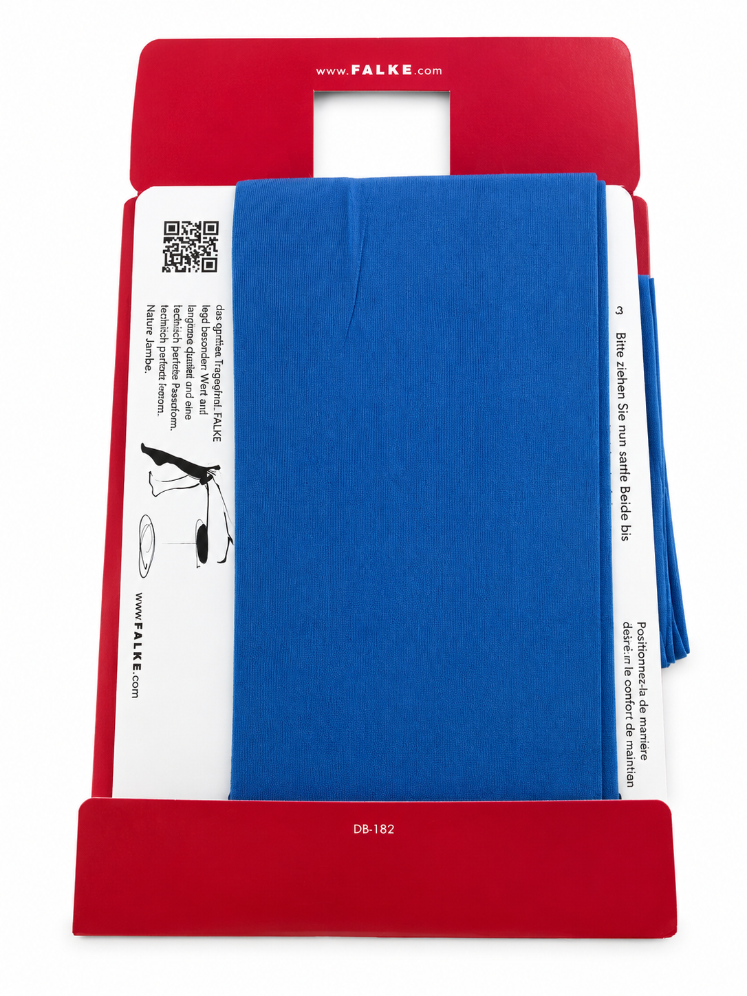 A falke brand presentation box containing a blue textured folder or sleeve, with printed white inserts and a small blue accessory visible on the right side, photographed on a white background.