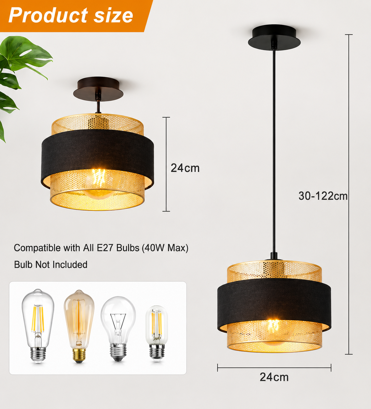 Harper Living Modern Pendant Ceiling Light – Black Fabric & Gold Mesh Shade | Adjustable Height 20–123cm | Dimmable E27 Hanging Light