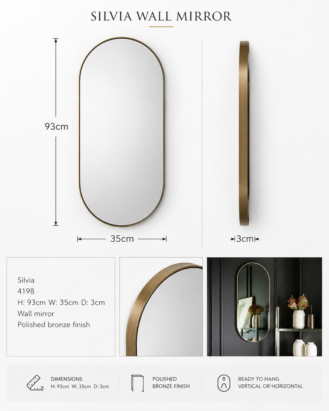 RV Astley Silvia Polished Bronze Wall Mirror 93cm x 35cm | Modern Arched Luxury Mirror