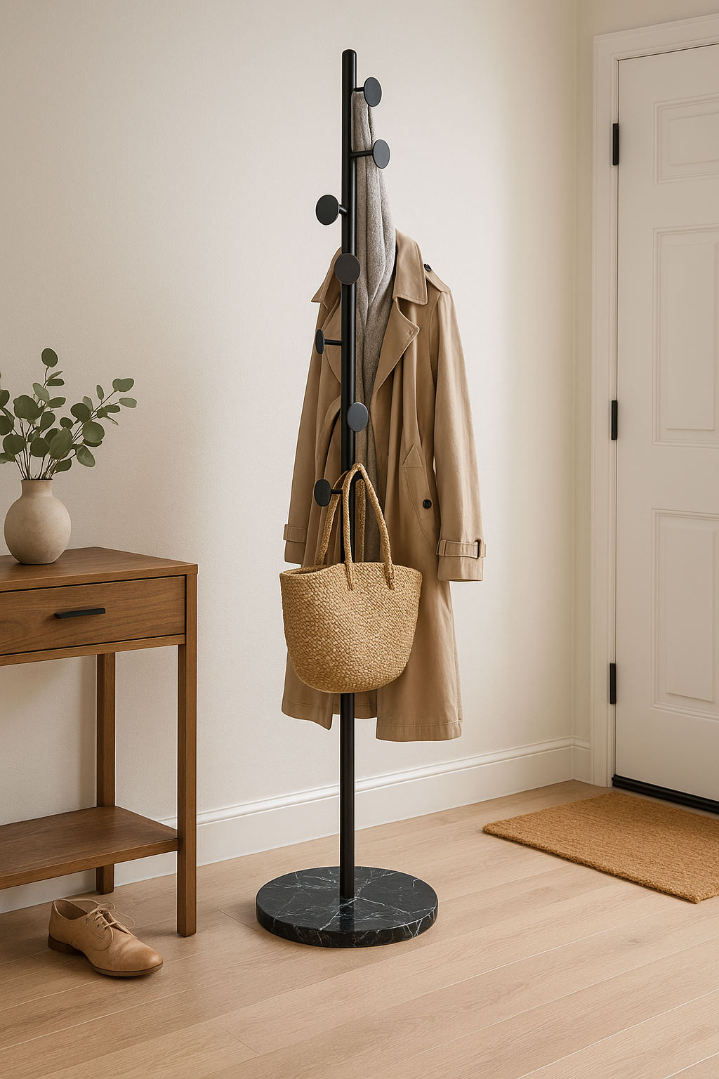 HOMCOM Steel Coat Stand with Marble Base – Adjustable 8-Hook Freestanding Rack (Black)