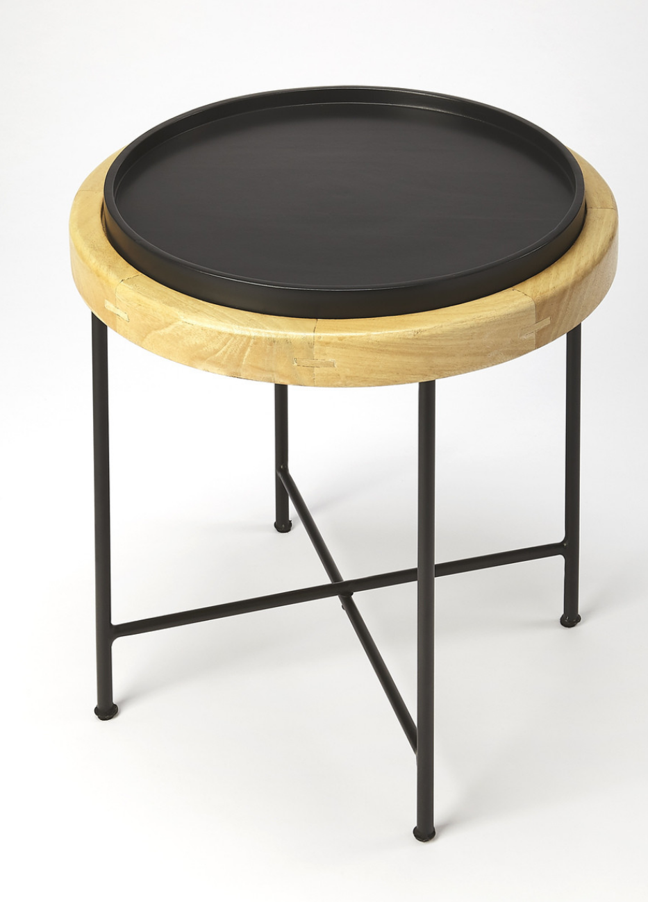 Rochester Wood & Metal Accent Table Round Mango Wood Black Iron Modern Side