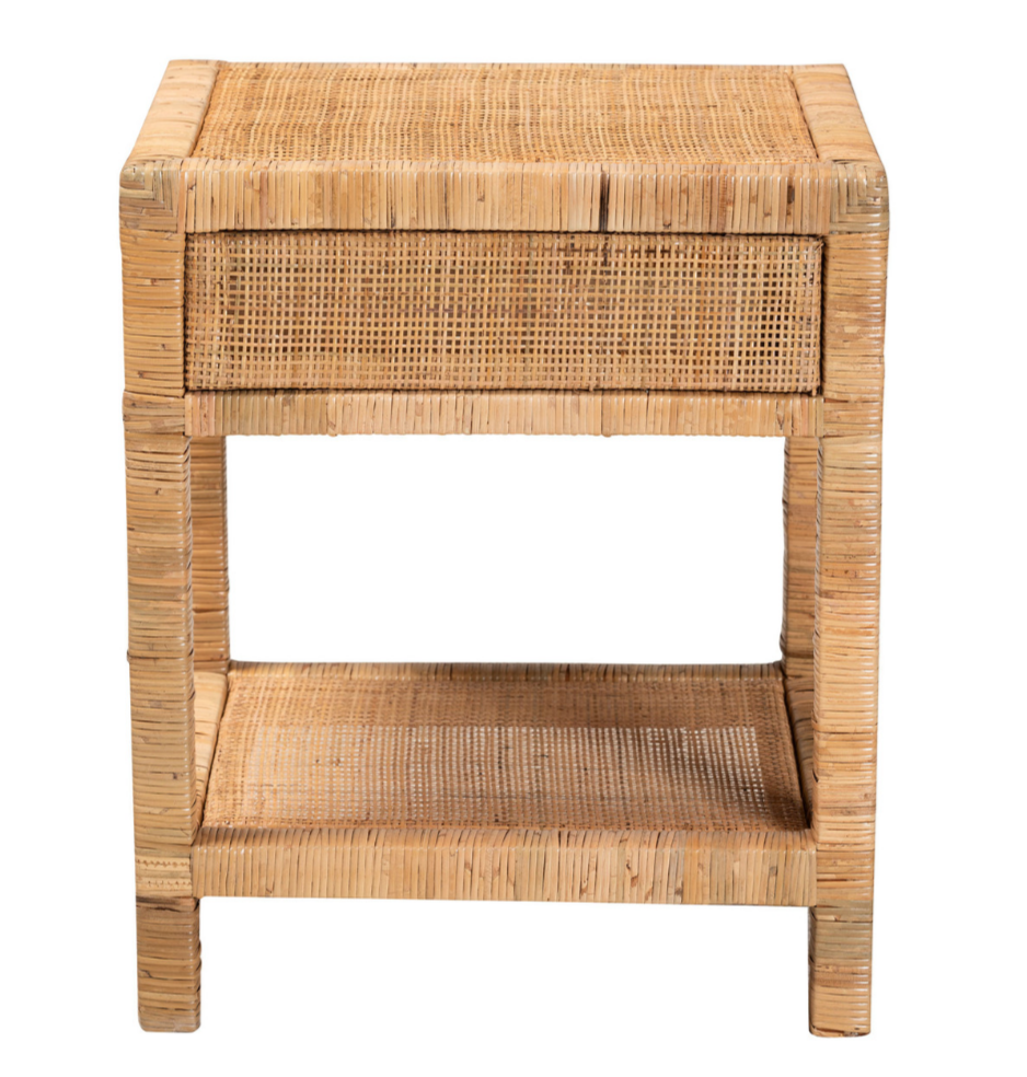 Bali & Pari Adelia Modern Bohemian Natural Rattan & Mahogany Wood 1-Drawer Nightstand