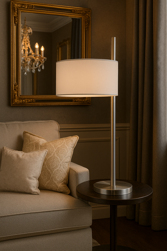 Attwood LED Table Lamp – Polished Nickel with White Faux Silk Shade | Dimond Lighting