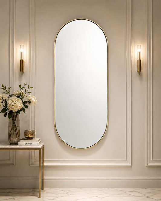 RV Astley Silvia Polished Bronze Wall Mirror 93cm x 35cm | Modern Arched Luxury Mirror