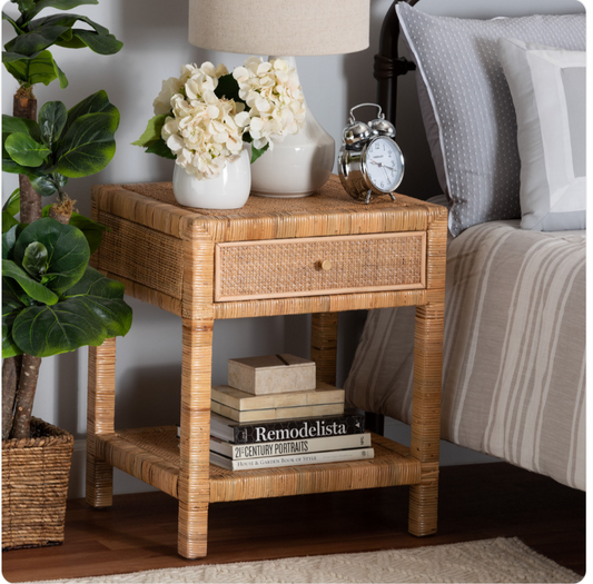 Bali & Pari Adelia Modern Bohemian Natural Rattan & Mahogany Wood 1-Drawer Nightstand