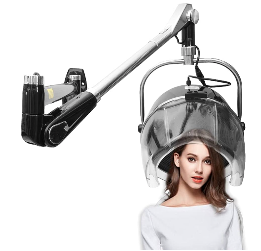 Sanqiao professional wall mounted hair dryer hood shown in use on a model, featuring a clear adjustable hood, swivel arm and salon-quality drying performance for home and professional salons.