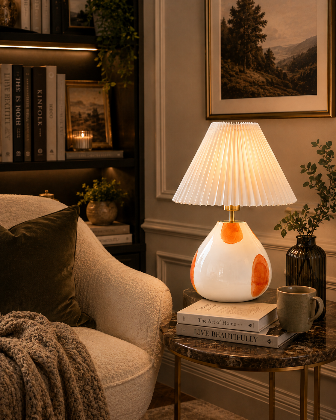 The Very Collection spotted glass table lamp with white pleated shade styled on a living room side table, creating warm ambient lighting in a contemporary home.