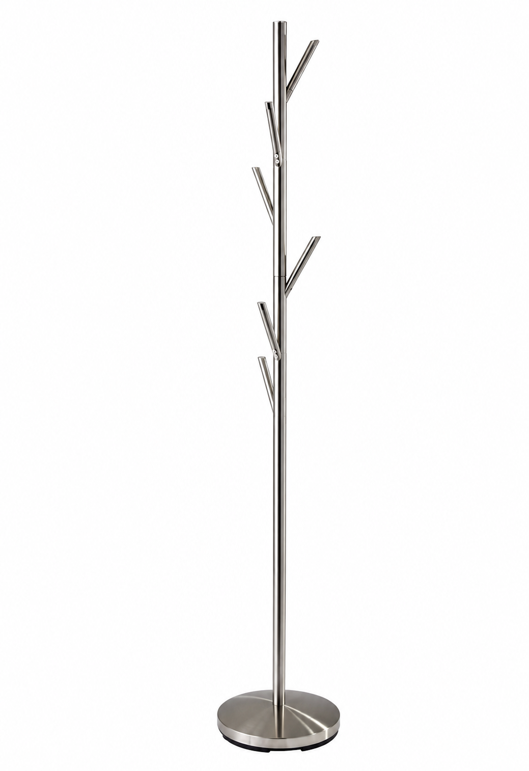 Adesso Evergreen brushed steel 6 hook freestanding coat rack in a modern hallway entrance