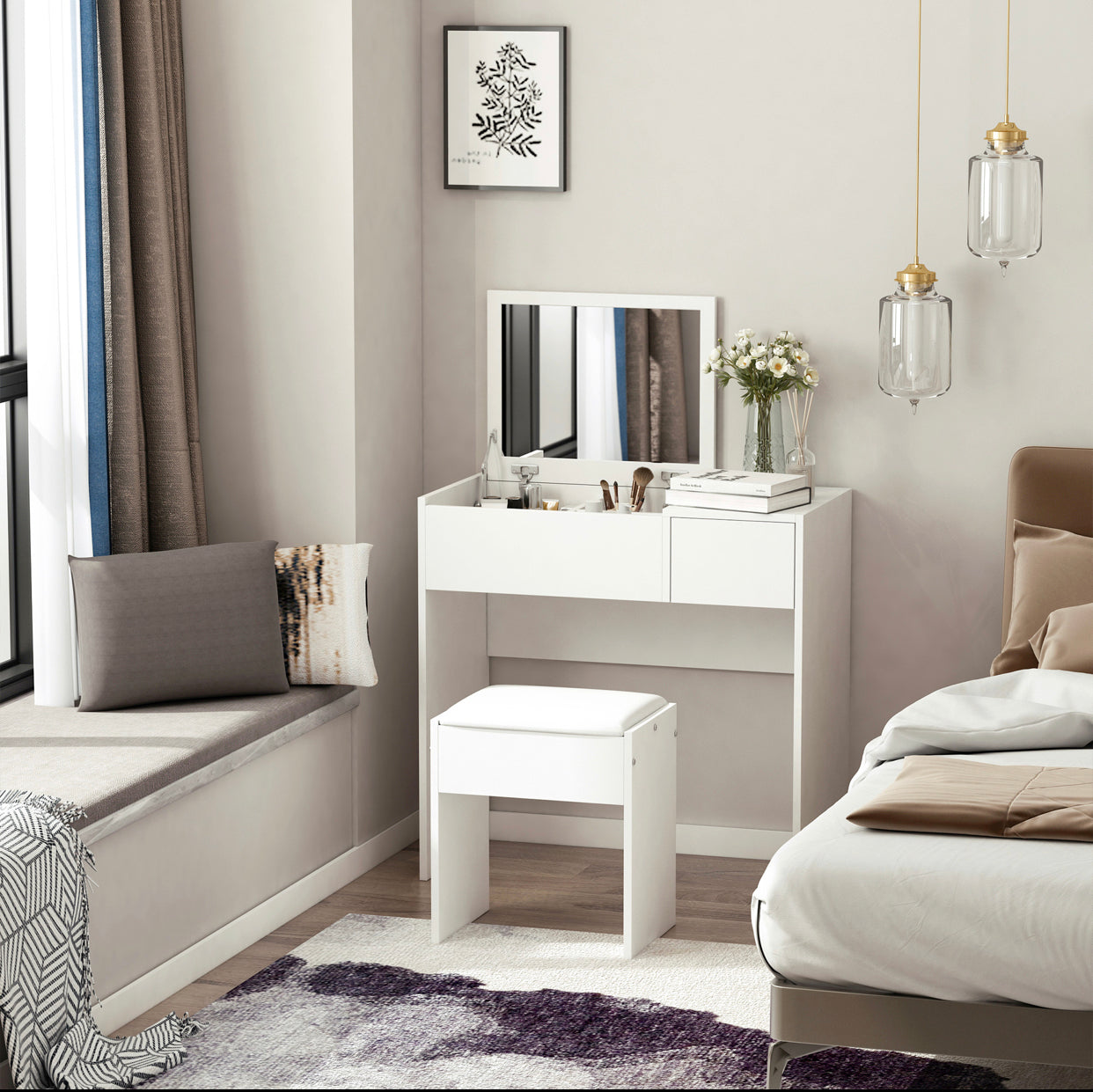 Modern White Vanity Table with Flip-Up Mirror & Stool – Makeup Desk with Drawer